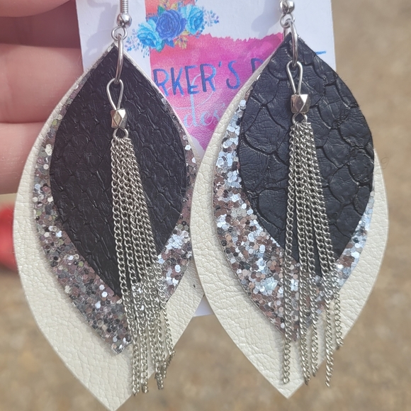 Rock Glam Leather & Chain Drop Earrings - Picture 1 of 5